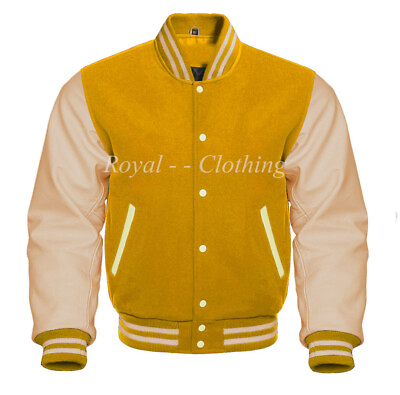 #ad Baseball Varsity Letterman Bomber Yellow Wool amp; Genuine Cream Leather Sleeve $89.99