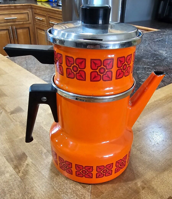#ad Retro Enamel Stovetop Drip Coffee Pot Orange Flowers Squares Red 4 Pieces $85.00