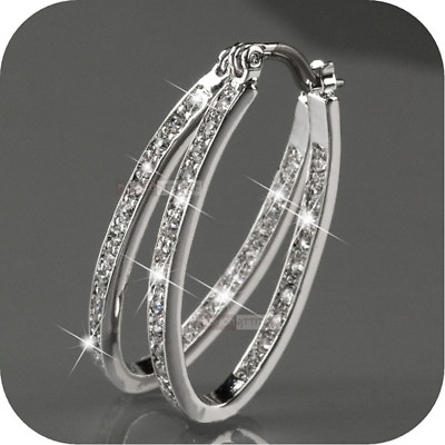 925 Silver Crystal Rhinestone Large Hoop Dangle Earrings Elegant Wedding Jewelry C $1.90