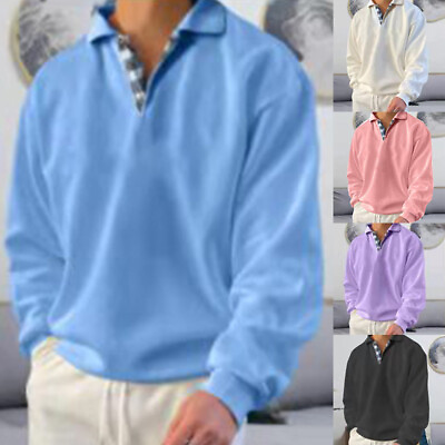 #ad Men#x27;s Casual Long Sleeve Sweatshirt Fashion Turn Down Collar Pullobver T Shirts C $24.19