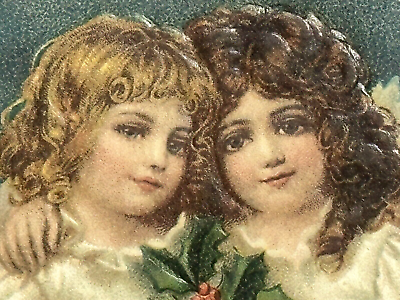 #ad Christmas Postcard Angels Curly Hair Girl Children Hug Green Hold Holly Stripe $11.30