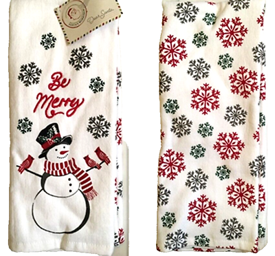 #ad SET OF 2 quot;Be Merryquot; White Snowman Snowflakes Kitchen Towel 100% COTTON 15quot;x25quot; $17.98
