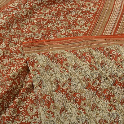 #ad Sanskriti Vintage Sarees Orange Ivory Hand Block Printed Pure Cotton Sari Fabric $26.27