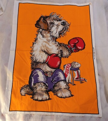 Vtg Fabric Panel Dog 70s Fox Terrier Boxer Wesco Reltex Time Orange Kitsch Scrap $15.25