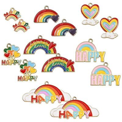 #ad 14x Enamel Rainbow Charms with Word Happy Pendants for DIY Jewelry Making Crafts $8.32