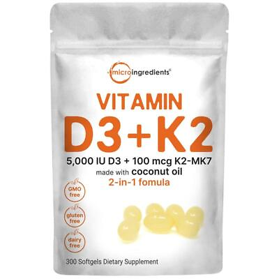 #ad Vitamin D3 5000 iu Plus K2 MK 7 100 mcg 300 Virgin Coconut Oil Softgel $28.99