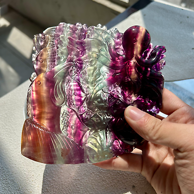 #ad 1080g Natural Rainbow Handcarved fluorite Crystal animal carving Home Decor 2th $320.00