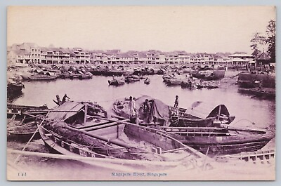 #ad Early Vintage Singapore River Photo Postcard Boats Houses Workers $14.82