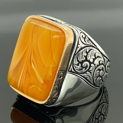 #ad Silver Amber Ring Men Handmade Square Ottoman Style Amber Ring 925k Silver $79.00