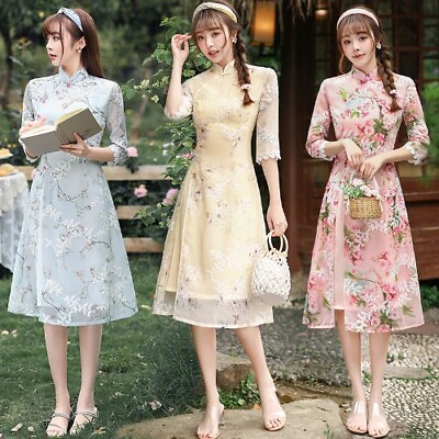 #ad Mid length Daily AoDai Cheongsam Improved VietnamTraditional Dress ElegantQipao $52.12