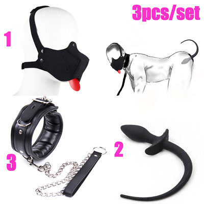 #ad Puppy Set Half Face Dog Hood Mask Binding Neck Collar With Leash Dog Tail Plugs $35.53