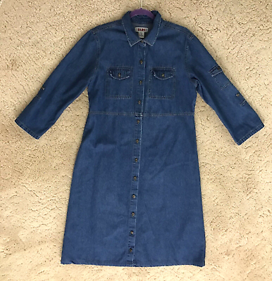 #ad FADS Denim Blue Maxi Long Shirt Dress Women 14 Full Button Front Pockets Cotton $34.99