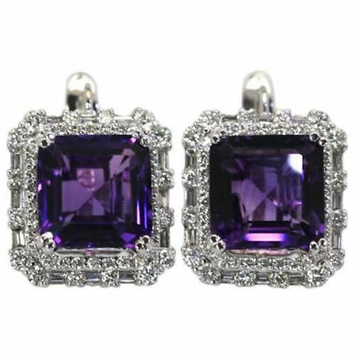 #ad Deep Purple Princess Gemstone With Halo amp; Prong Design Stud Women#x27;s Earrings $159.00