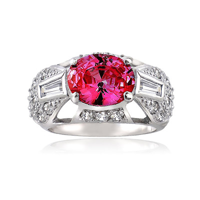 #ad 925 Silver Lab Created Pink Sapphire amp; CZ Baguette and Pave Filigree Ring $24.99
