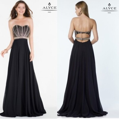#ad NWT ALYCE PARIS Women Black Gold Maxi Long Gown 4 SMALL Wedding Beads Rhinestone $118.88