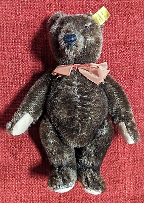 #ad Antique Steiff Dark Brown Mohair Jointed Teddy Bear Cabinet Size MINTY DISPLAY $820.00