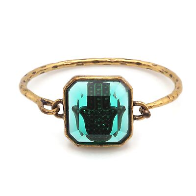#ad Lucky Brand Marcasite Hamsa Hand Green Glass Hammered Gold Tone Bangle Bracelet $23.00