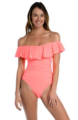 #ad La Blanca Women#x27;s Island Goddess Off Shoulder Ruffle One Piece Swimsuit Pink 10 $61.47