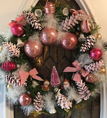 #ad Handmade PINK Vintage Ornament Wreath Classic Christmas Holiday Decor OOAK $180.00