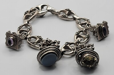 #ad Antique 800 Silver Etruscan Revival 4 FOB Charm Bracelet w Gemstone Charms 8quot; $300.00