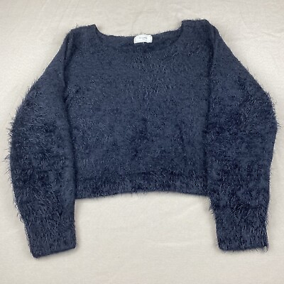 #ad No Comment Top Womens XL Black Fuzzy Crop Top Cold Shoulder Long Sleeve Sweater $9.71