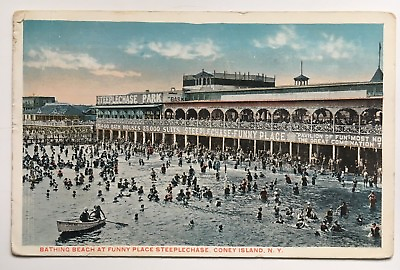 #ad 1916 NY Postcard Coney Island Brooklyn Bathing Beach at Funny Place Steeplechase $5.99