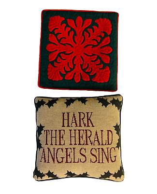 #ad Decorative Tapestry Pillow w 12x12 Hark the Herald Angels Sing Green Red Cover $9.09