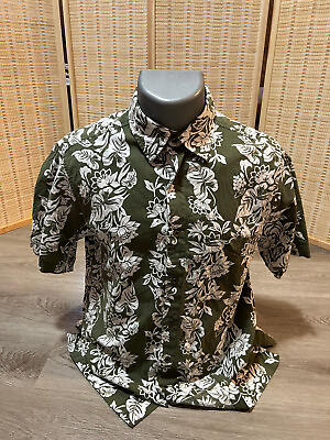 #ad Cherokee Hawaiian Button Up Down Shirt Army Green Small S Cotton Rayon Blend H63 $13.91