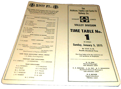 #ad JANUARY 1975 ATSF SANTA FE VALLEY DIVISION EMPLOYEE TIMETABLE #1 $25.00