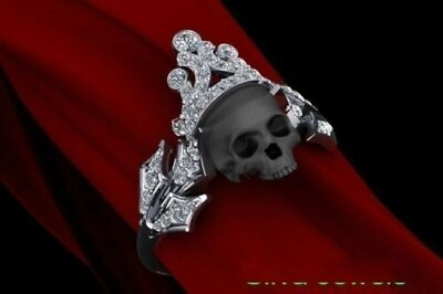 #ad Black Plated CZ Fancy Skull Crown In 935 Argentium Silver Halloween Ring $164.00