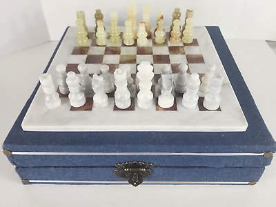 #ad 12quot; Marble Chess Set Multicolor Stone Chess Set with Storage Box Denim Blue New $74.95