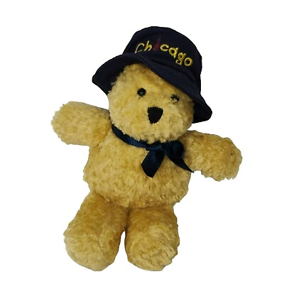 #ad Chicago Tan Brown Teddy Bear Plush Stuffed Animal Toy Blue Bow and Hat 8 inch $8.50
