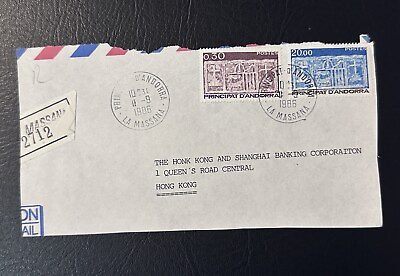 #ad Andorra 1986 POSTAL STATIONARY REGISTERED TO HSBC HONG KONG front Only GBP 6.99