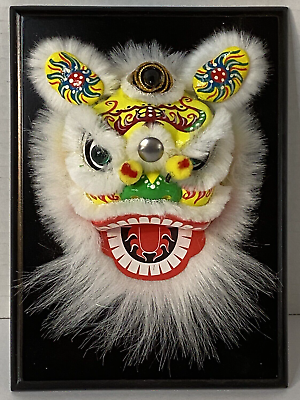 #ad Chinese Lion Dance Lion Head Mounted on Wood Wall Art or Tabletop Decor w Box $25.00