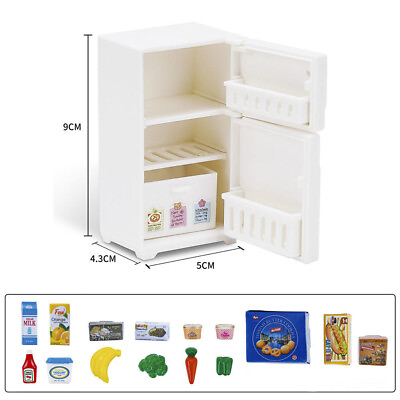 #ad 16PC 1:12 Scale Dollhouse Miniatures White Refrigerator With Food Kitchen Set $7.47