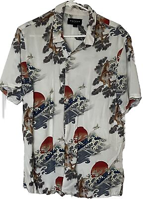 #ad PAC Sun Men L Tiger Crane Waves Graphic Chinese Short Sleeve Button Down Shirt $25.00