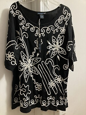 #ad Pretty St Tropez West MISSES Black amp; White Embroidered Top Plus REDUCED Sz 1X $9.99