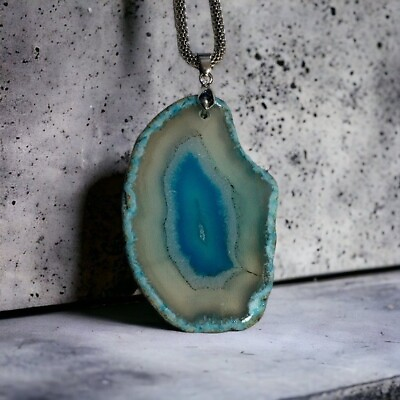 #ad Blue Agate Necklace Unisex 20” Stone Mini Slab Polished Pendant Silver plated $21.88
