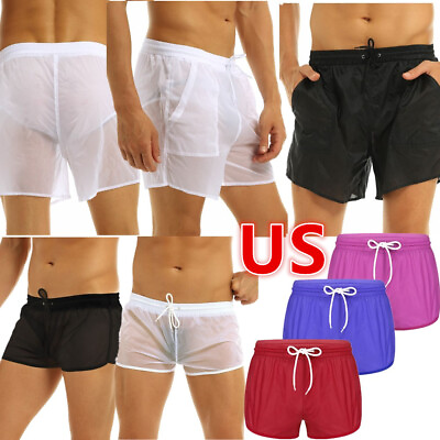 #ad US Mens Sexy Mesh See Through Shorts Boxer Underwear Loose Lounge Swim Trunks $9.39