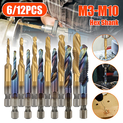 #ad 6 12x 1 4quot; Hex Shank HSS Titanium Coated Screw Thread Tap Drill Bits M3 M10 Set $16.48