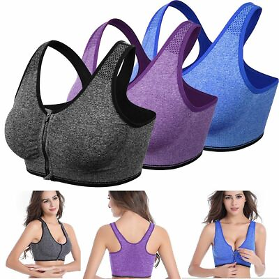 #ad Women High Impact Front Zipper Closure Elastic Straps Padded Sports Bra Workout $8.09