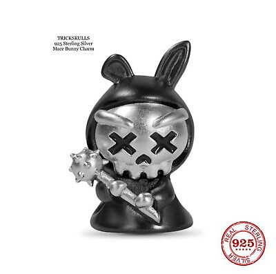 #ad 925 Sterling Silver Mace Bunny Skull Bead Charm amp; Black Stainless Box Chain NEW $18.00
