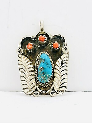 #ad Vintage  Sterling Silver Turquoise amp; Coral Pendent with Hallmark. 10.40 grams. $95.00