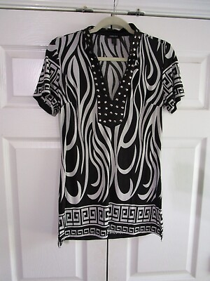#ad Forever Womens Blouse Medium Black White Animal Print Embellished Short Sleeve $5.49
