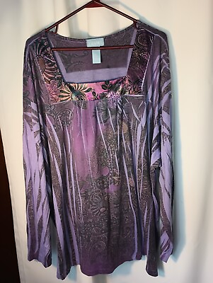 #ad Liz amp; Me 4X Square Neck Knit Tunic Top Long Sleeve Purple Artsy Satin Trim Y2K $27.90