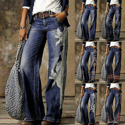 #ad Women High Rise Casual Printed Wide Leg Jeans Ripped Loose Denim Pants Trousers $23.94