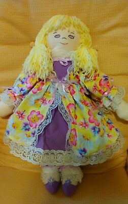 #ad Handmade 20quot; Cloth Doll. Embroidered Face. Yarn Hair. Yellow Purple Dress. $30.00
