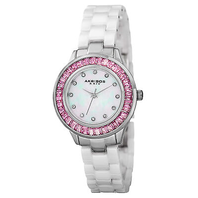 #ad New Women#x27;s Akribos XXIV AK781WTP Quartz Pink Crystal Bezel White Ceramic Watch $59.52