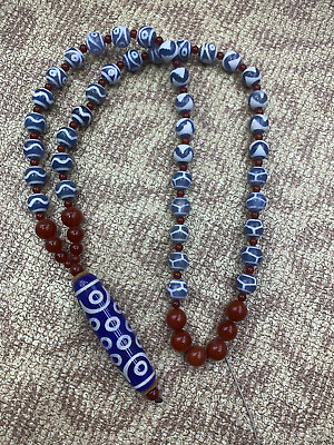 #ad Tibetan Blue Agate Dzi Beads Necklace W Blue Agate Dzi *21Eyed* Bead Pendant $39.99