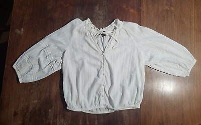#ad Sanctuary Blouse Size Large White Cotton Tie Neck Button Boho Balloon Sleeve $16.14